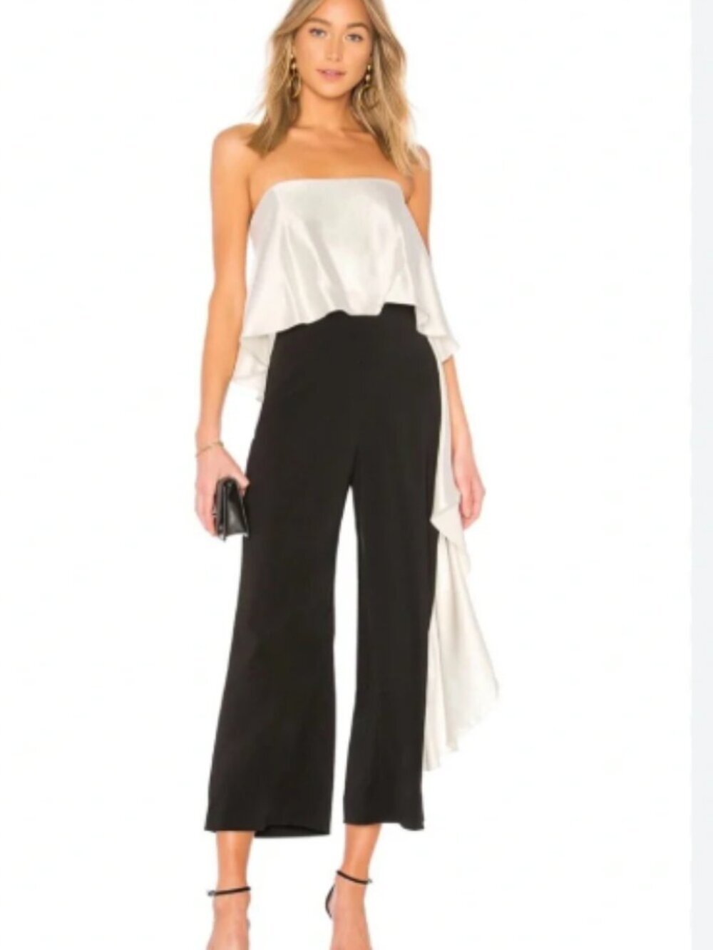 Mestiza New York Size 10 Black & Ivory Jacqueline Cropped Ruffle Jumpsuit